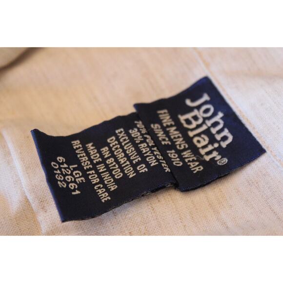 John Blair Mens Polo Shirt Size L Short Sleeve Light Tan 4 Pocket Full Zip Stain - Picture 3 of 9